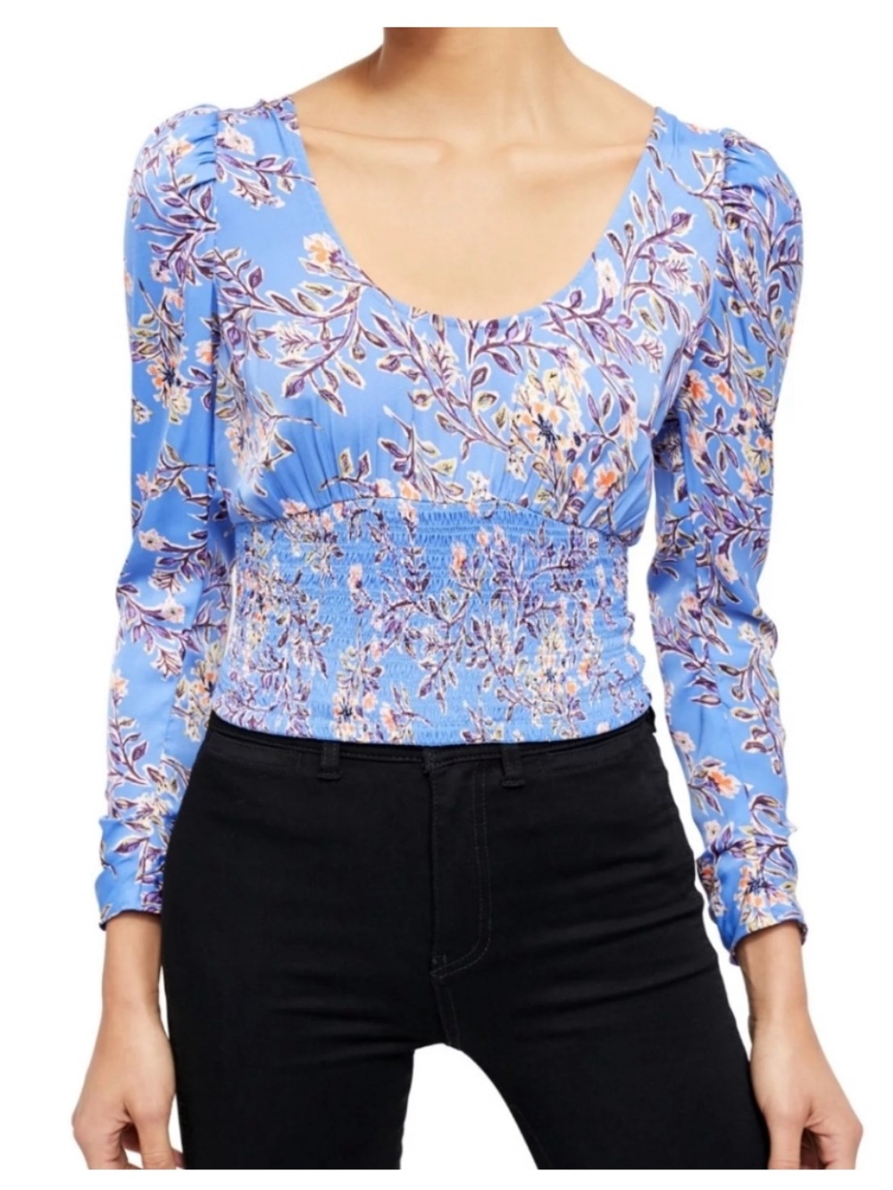 Free People NWT Santiago Smocked Waist Blue Floral Silky Top XL - Picture 2 of 8